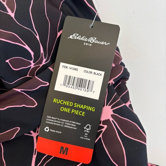 Eddie Bauer Ruched Shaping One Piece Swimsuit Bathing Suit Black Floral M NEW - Picture 7 of 14